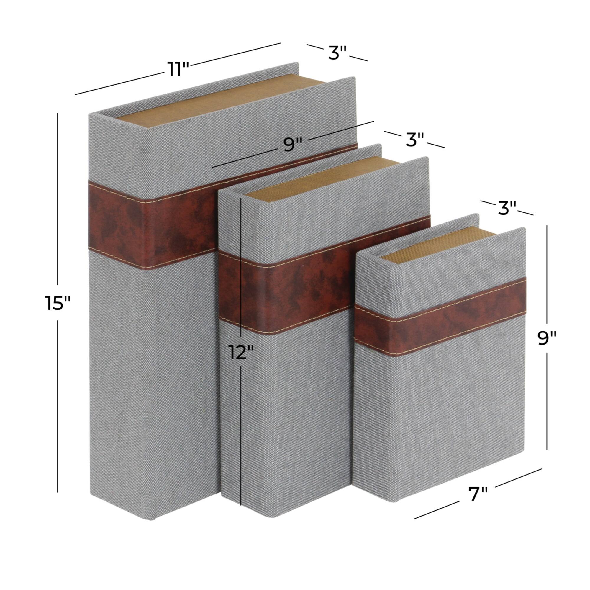 Gray Linen Faux Book Box with Faux Leather Detailing Set